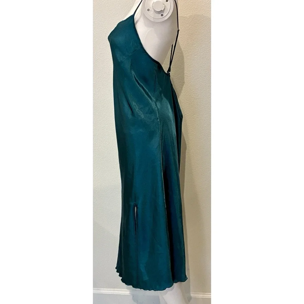 Teal Satin Midi Slip Dress Size XL Cowl Neck Side Slit Soft Glam 90s Style Fairy - Picture 6 of 14